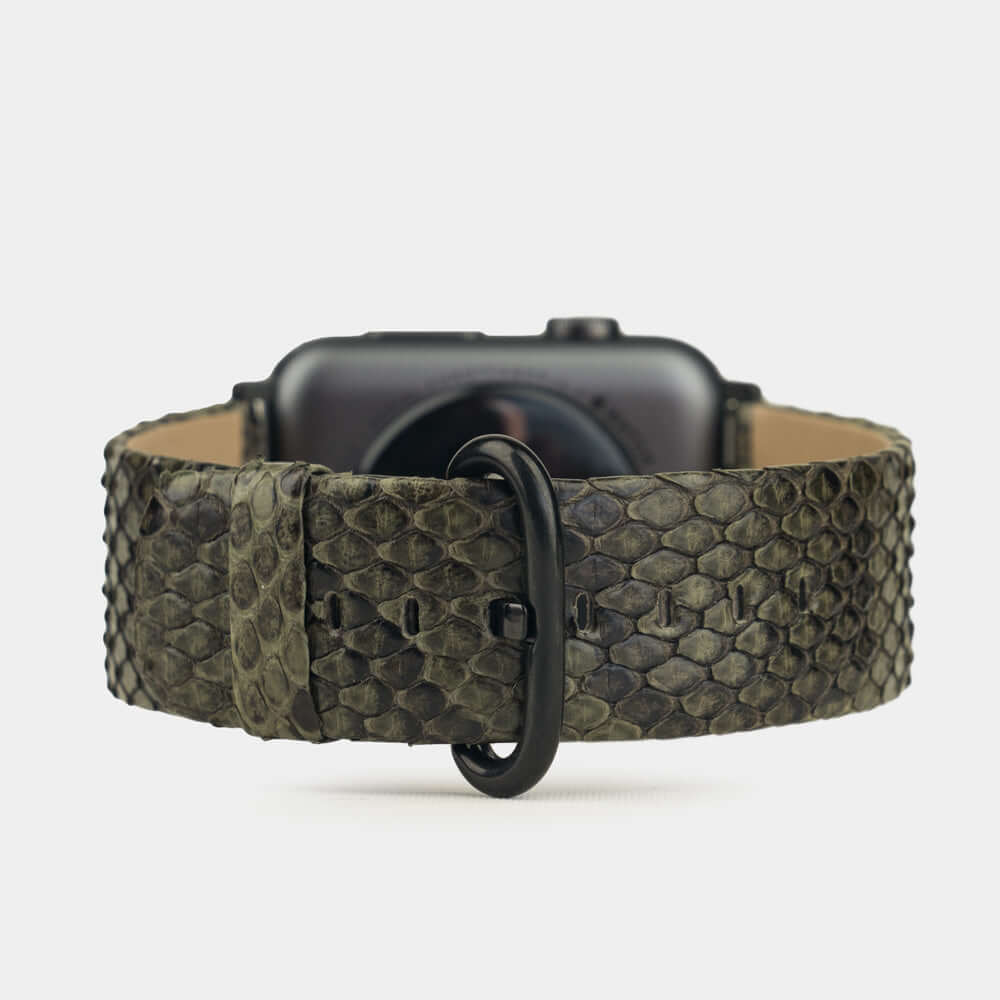 Strap for the Apple Watch 41/42 mm in green python leather, with black adapters and buckle | main view