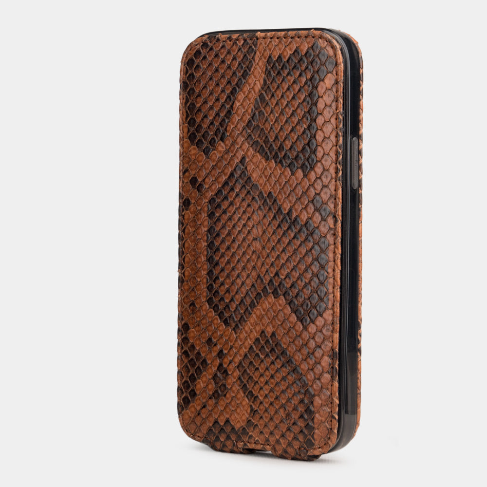 gold python leather iPhone 12 pro flip case in upright position, cover closes securely thanks to integrated magnet