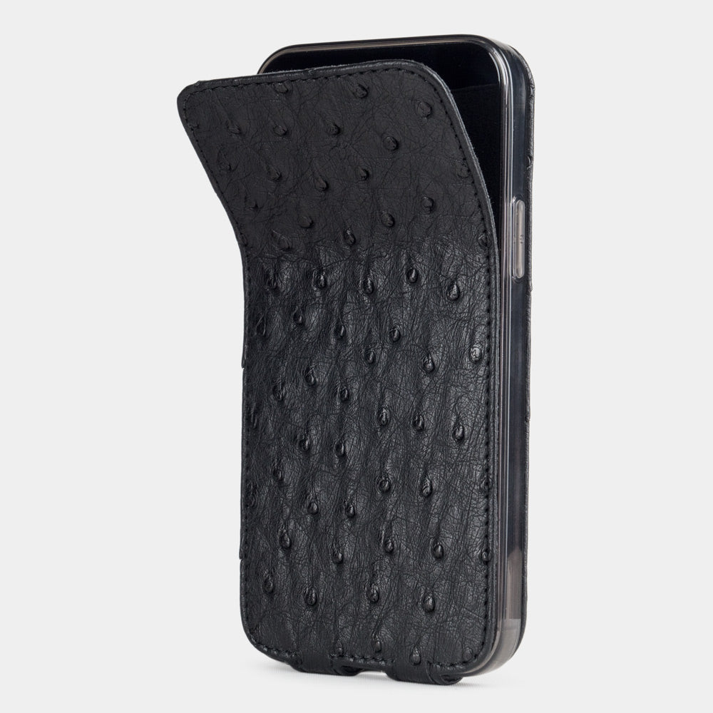 black ostrich leather iPhone 12 pro max flip case shown partially open, slim handcrafted leather cover with magnetic flap