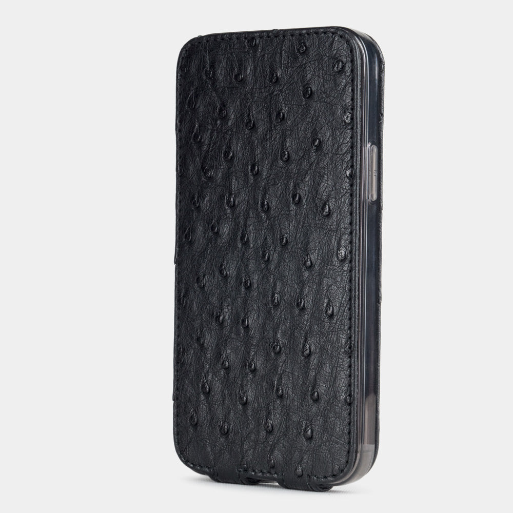 black ostrich leather iphone 12 pro max flip case in an upright position, cover closes securely thanks to its integrated magnet system