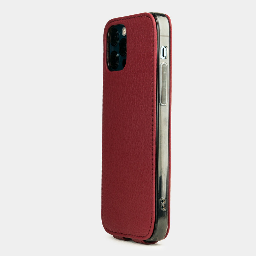 cherry leather iPhone 12 Pro Maxi flip case rear view showing camera cutout