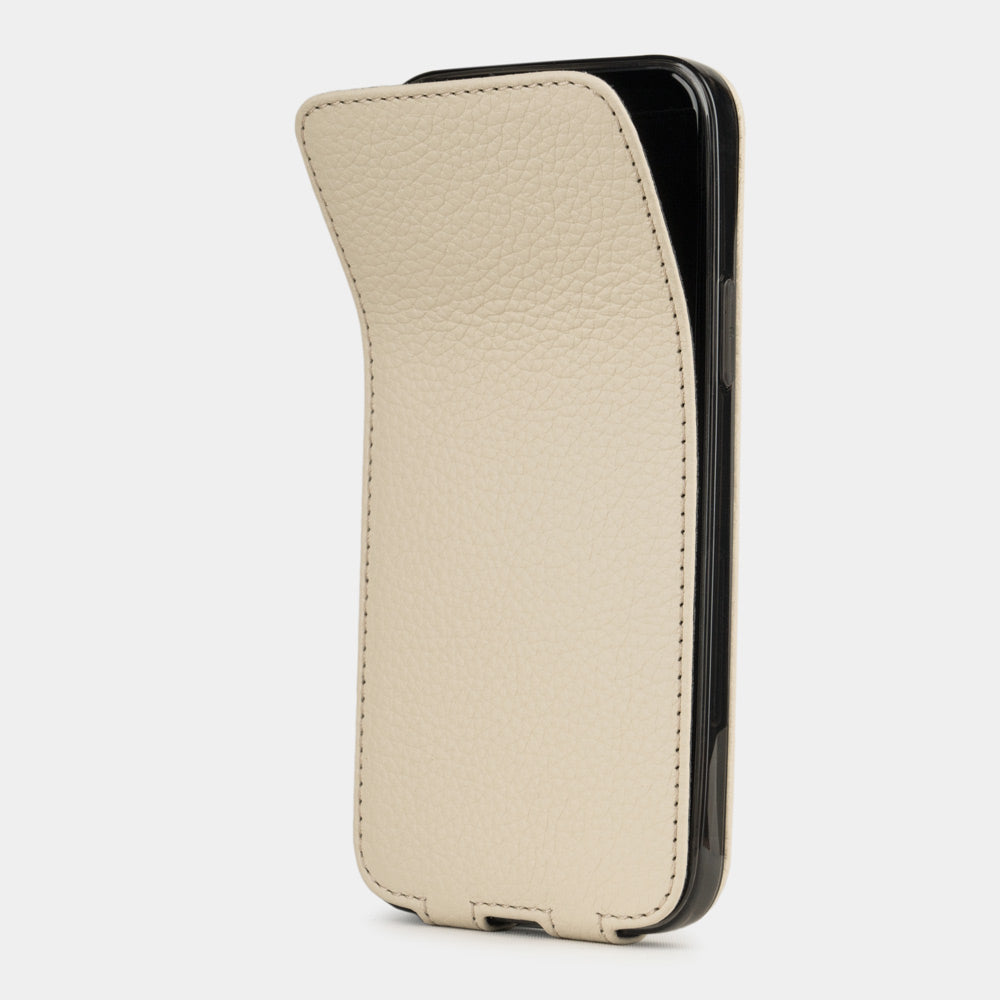 beige leather iPhone 12 mini flip case shown partially open, slim handcrafted leather cover with magnetic flap