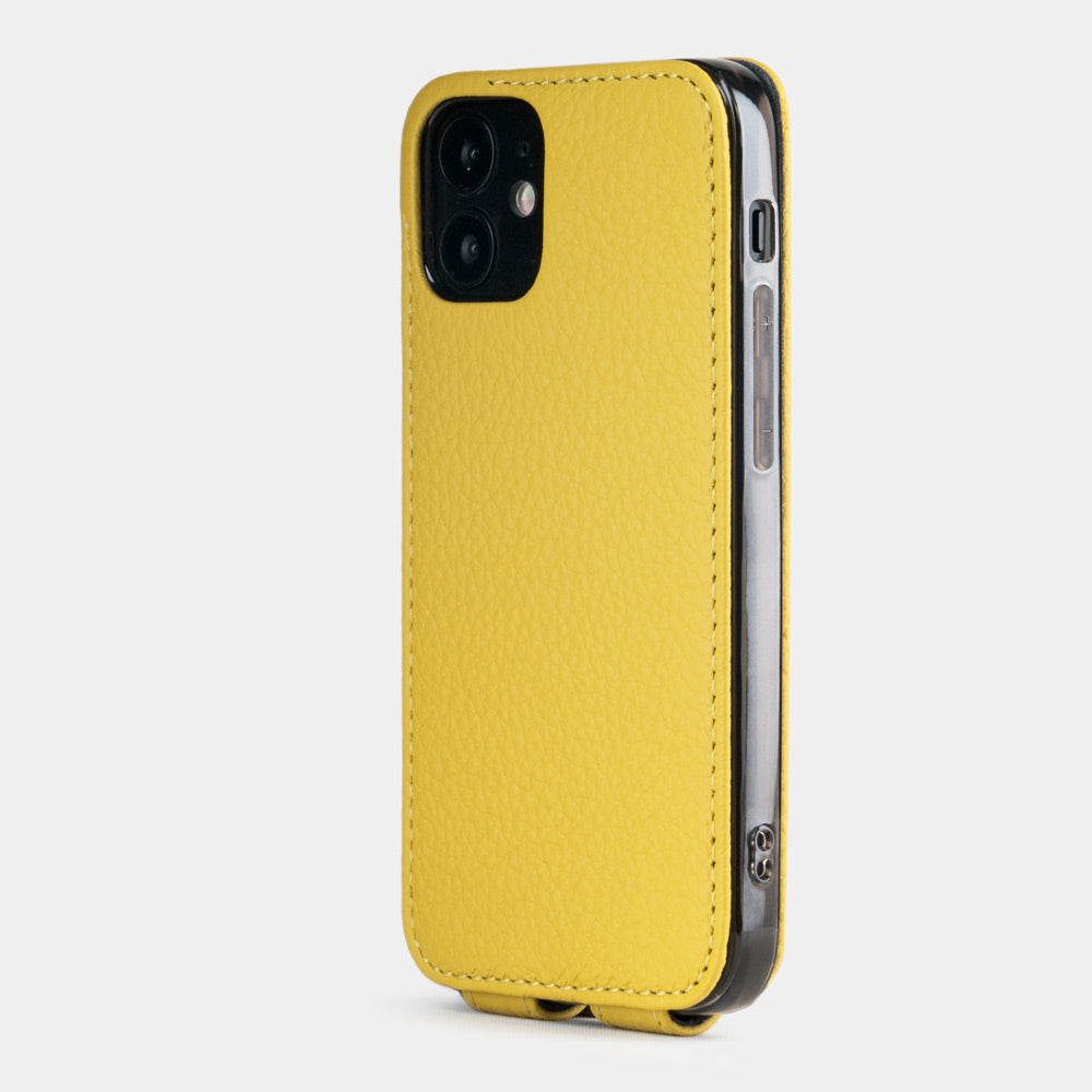 yellow leather iPhone 12 mini flip case rear view showing camera cutout