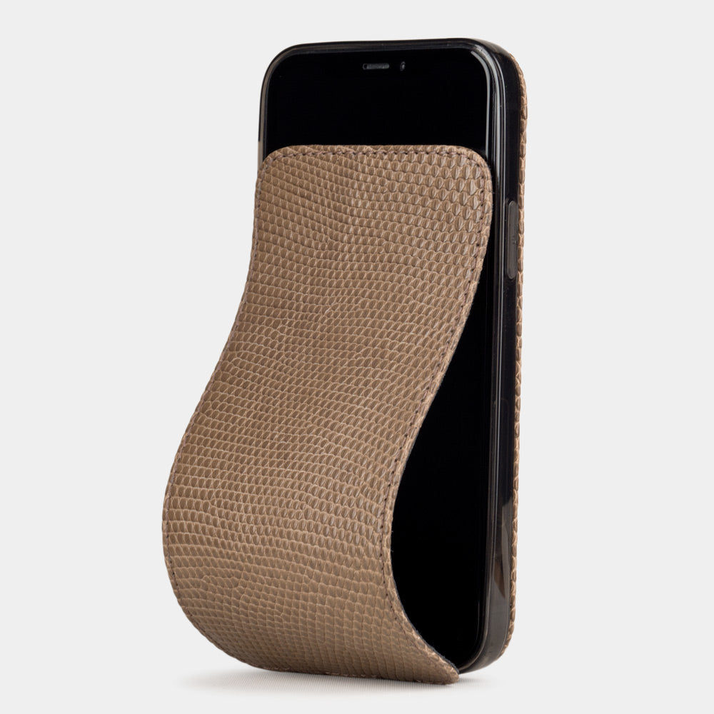 beige lizard leather iPhone 12 mini case with slim magnetic flip cover – main visual