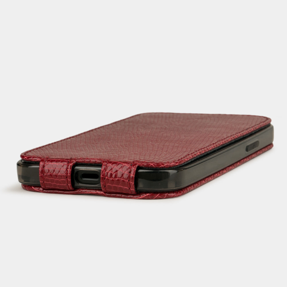 red lizard leather flip case for iPhone 12 mini lying flat showing slim handmade construction