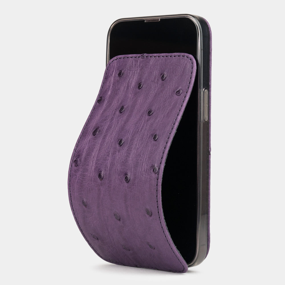 purple ostrich leather iPhone 12 mini case with slim magnetic flip cover - main visual