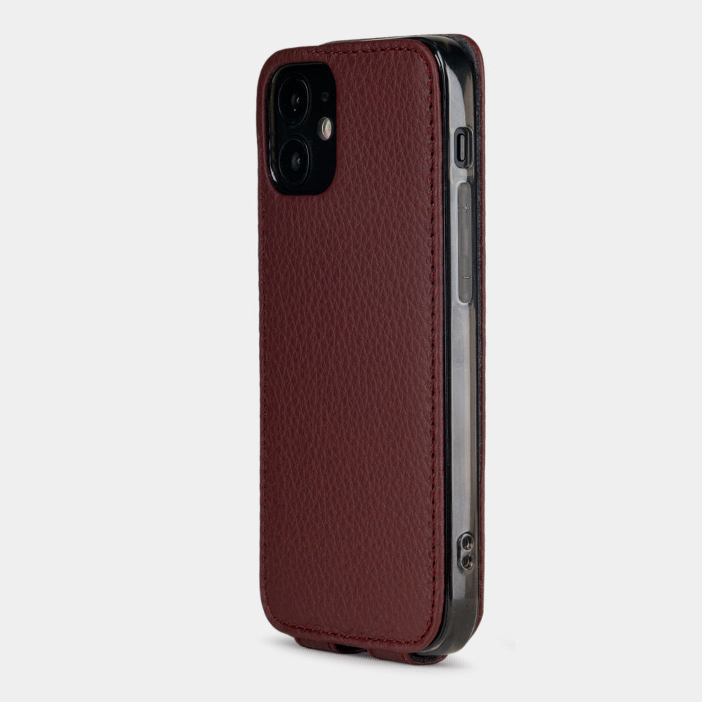 bordeaux leather iPhone 12 mini flip case rear view showing camera cutout