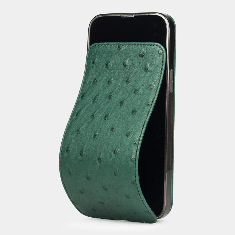green ostrich leather iPhone 12 mini case with slim magnetic flip cover - main visual