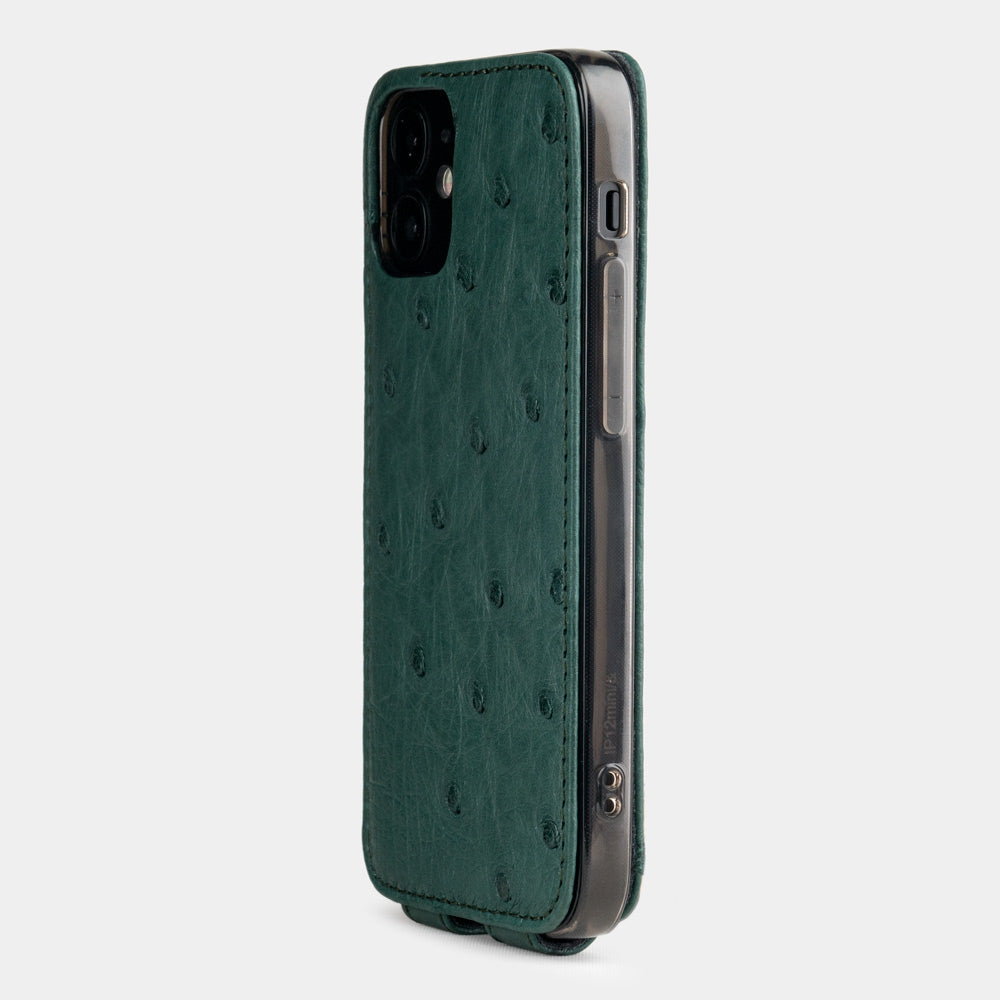 green ostrich leather iPhone 12 mini flip case rear view showing camera cutout