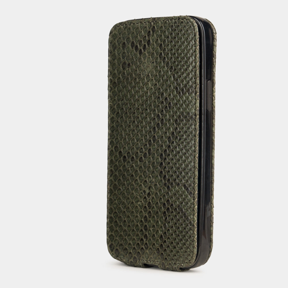 green python leather iPhone 12 pro flip case in upright position, cover closes securely thanks to integrated magnet