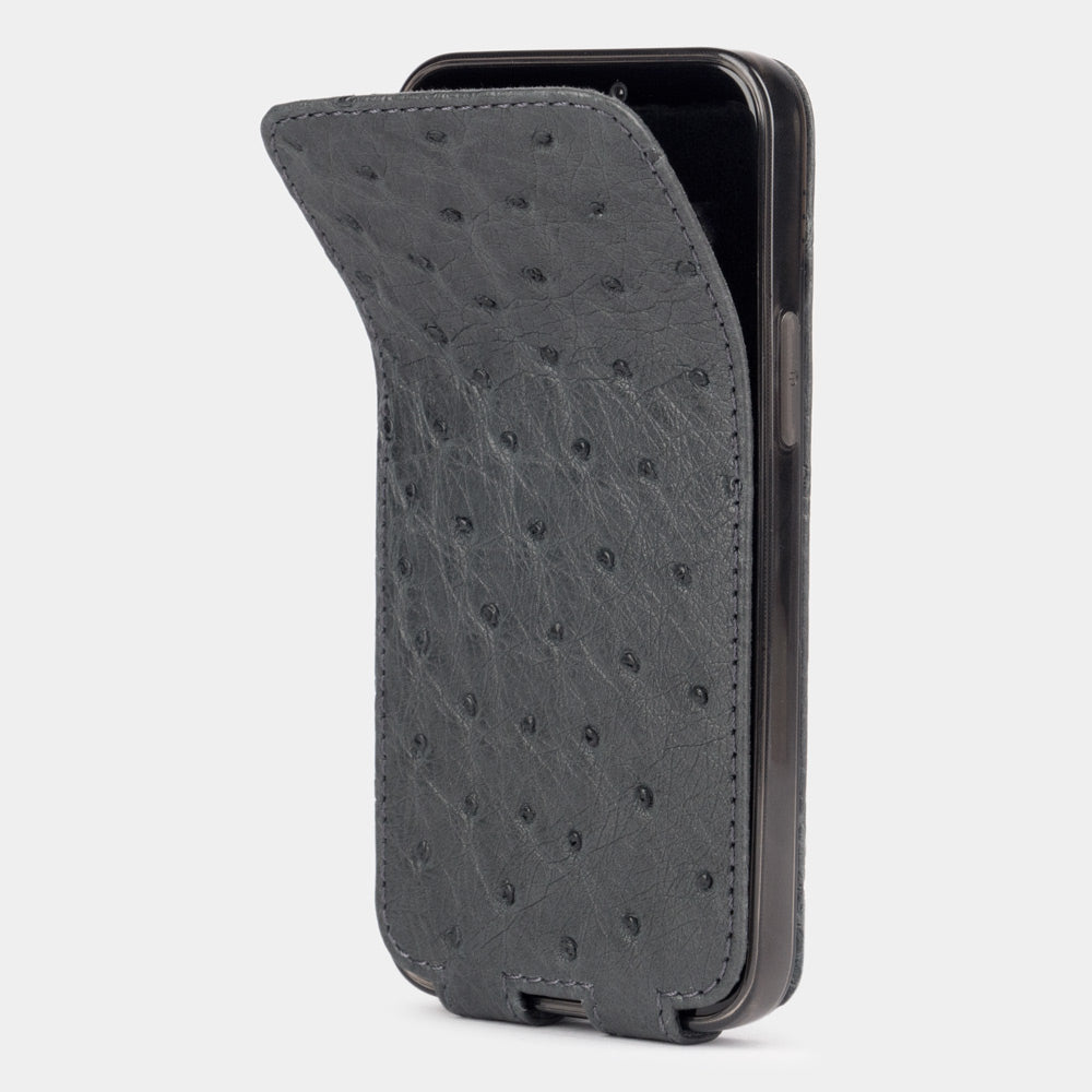 grey ostrich leather iPhone 12 pro max flip case shown partially open, slim handcrafted leather cover with magnetic flap