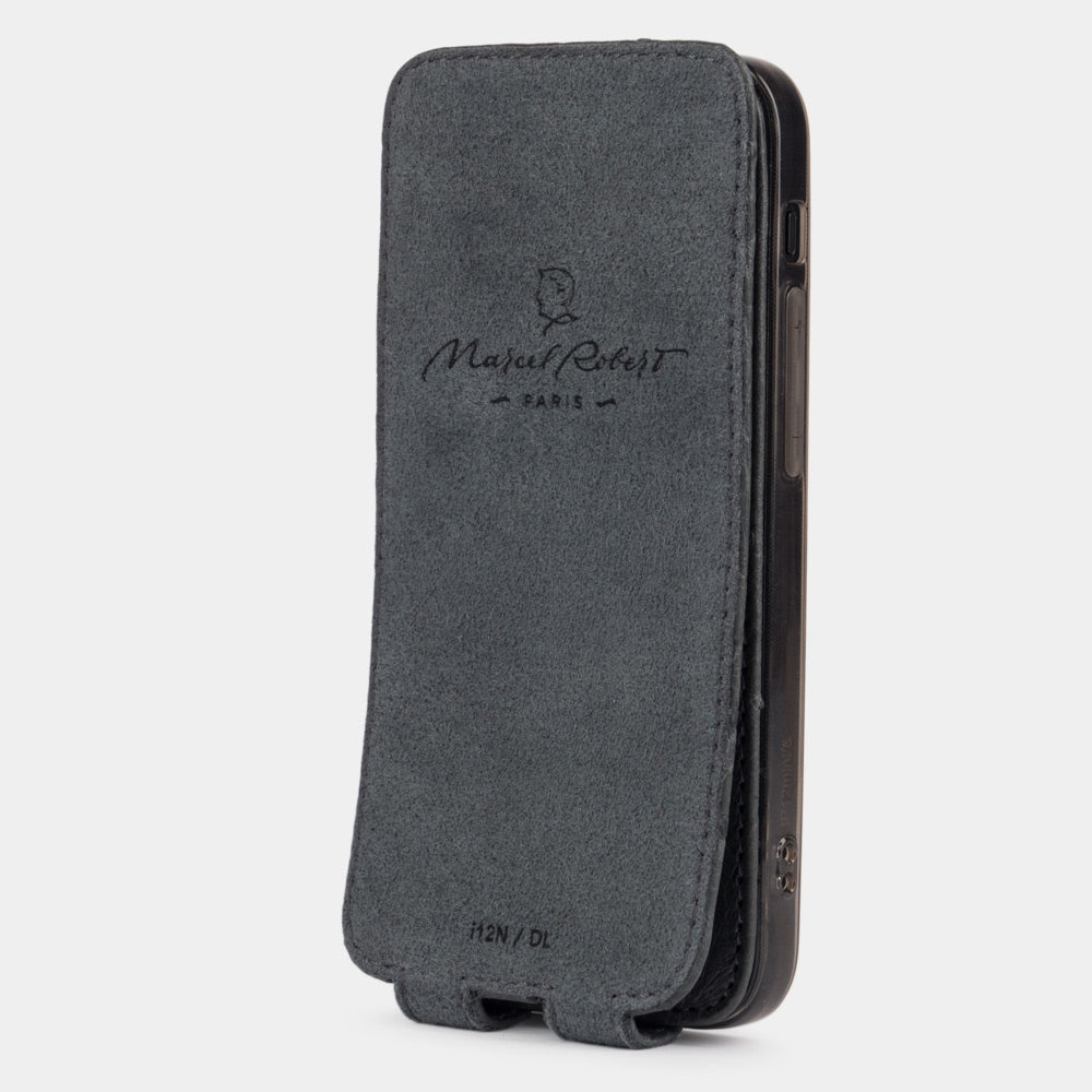 grey ostrich leather flip case for iPhone 12 pro max, vertical position, cover folded and secured to the back of the iPhone thanks to its integrated magnet system, revealing the grey microfibre lining