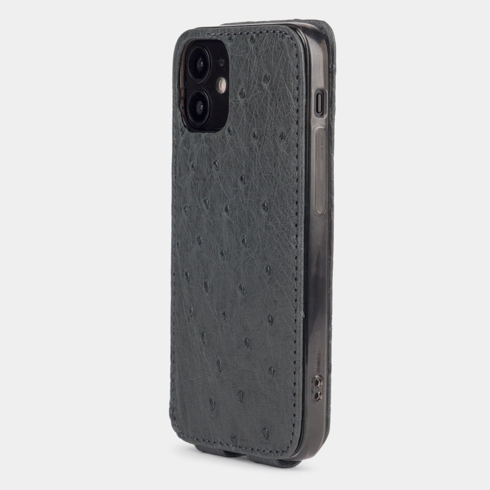 grey ostrich leather iPhone 12 pro max flip case rear view showing camera cutout