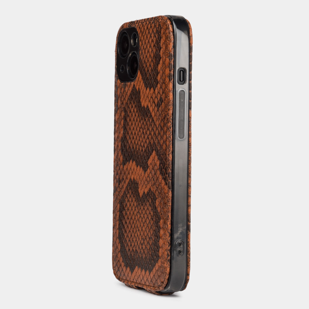 gold python leather iPhone 13 mini case rear view showing camera cutout and exotic leather texture