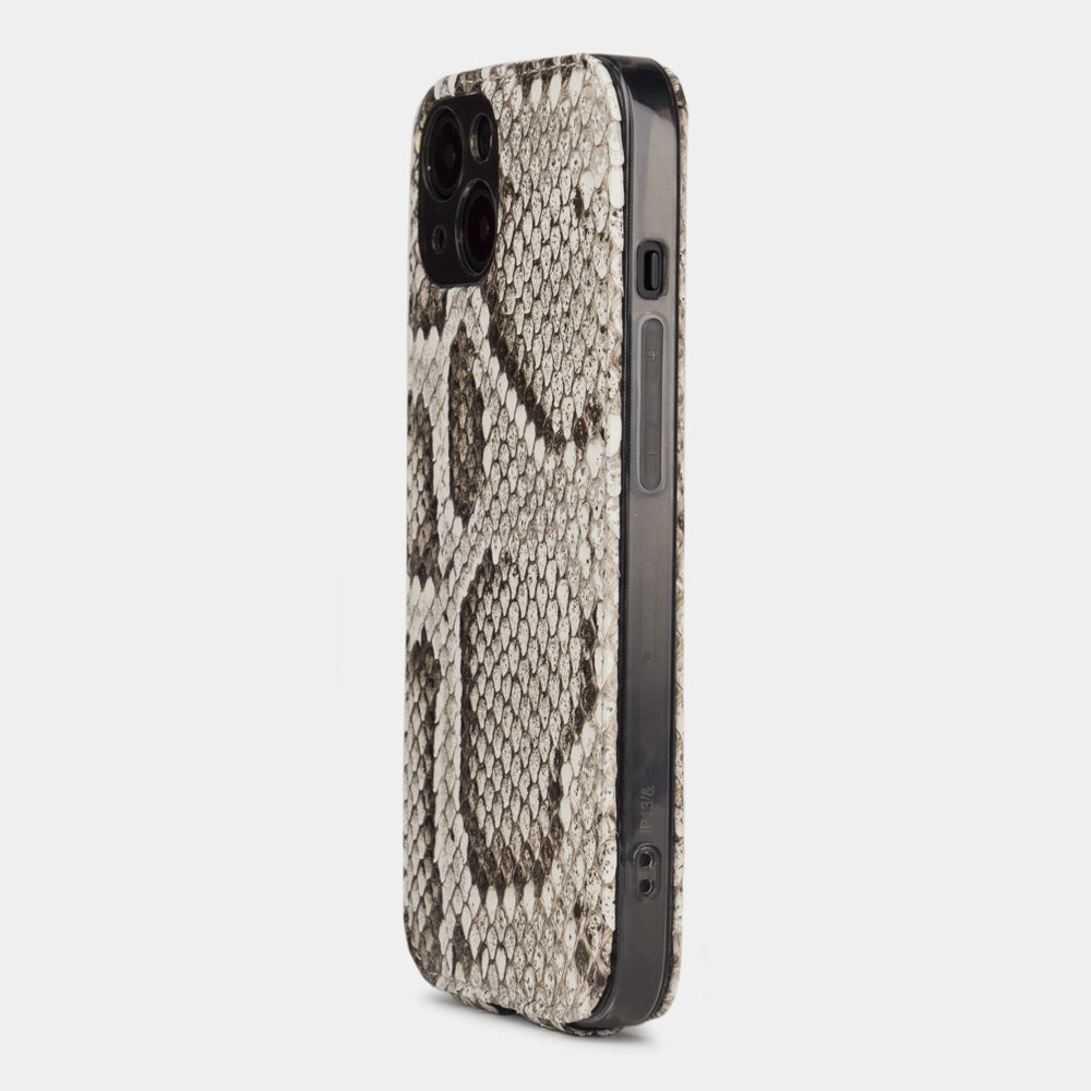natural python leather iPhone 13 mini case rear view showing camera cutout and exotic leather texture