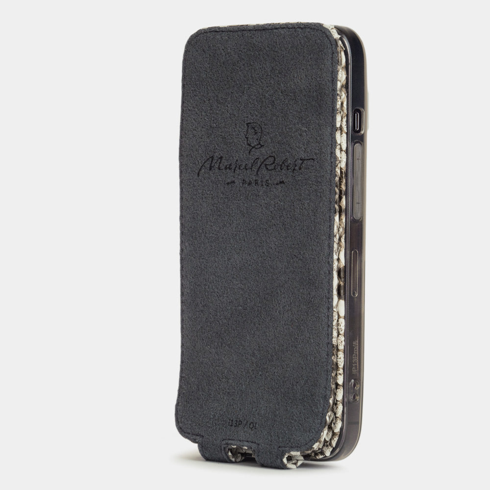 Natural python leather flip case for iPhone 15 Pro – Alcantara® inner lining that clears the screen at every closure