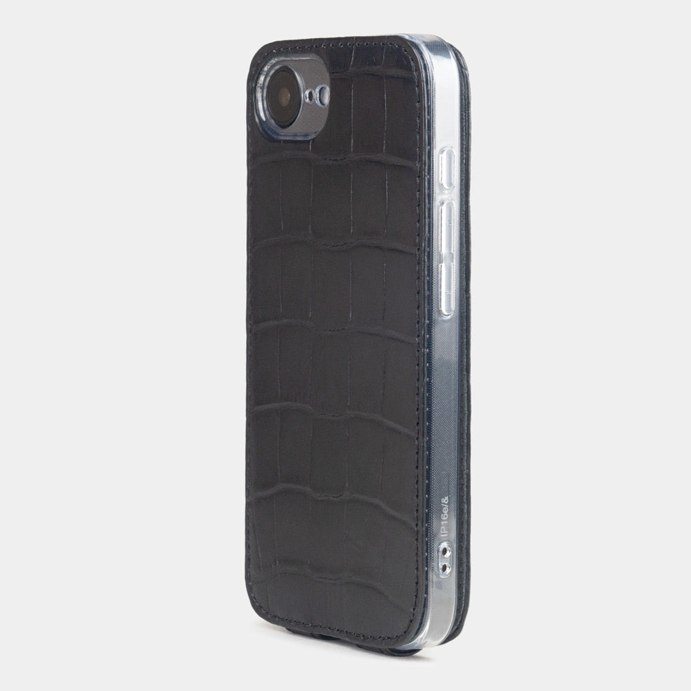 iPhone 16e Black Crocodile Leather Flip Case with MagSafe