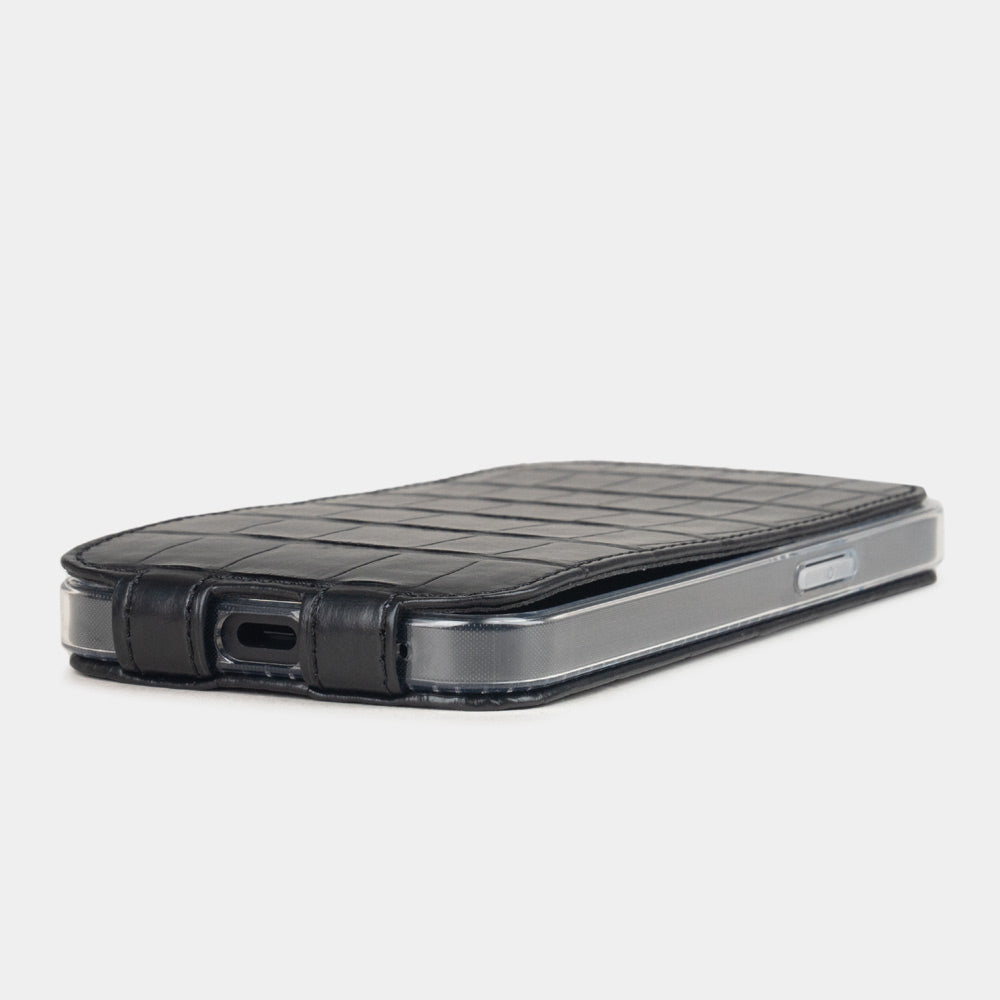 iPhone 16e Black Crocodile Leather Flip Case with MagSafe