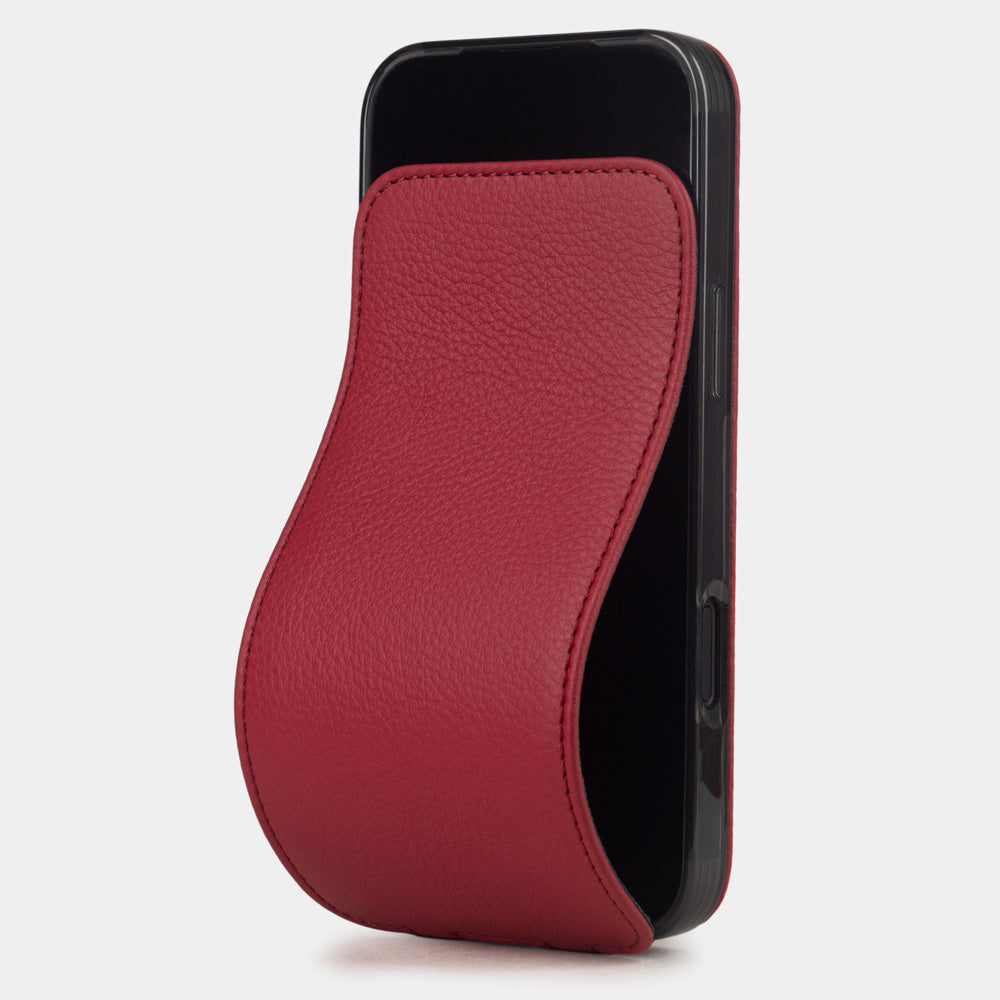 red Calfskin Case iPhone 17 Air – luxury handmade phone case in genuine leather with magnetic front cover partially open, main photo