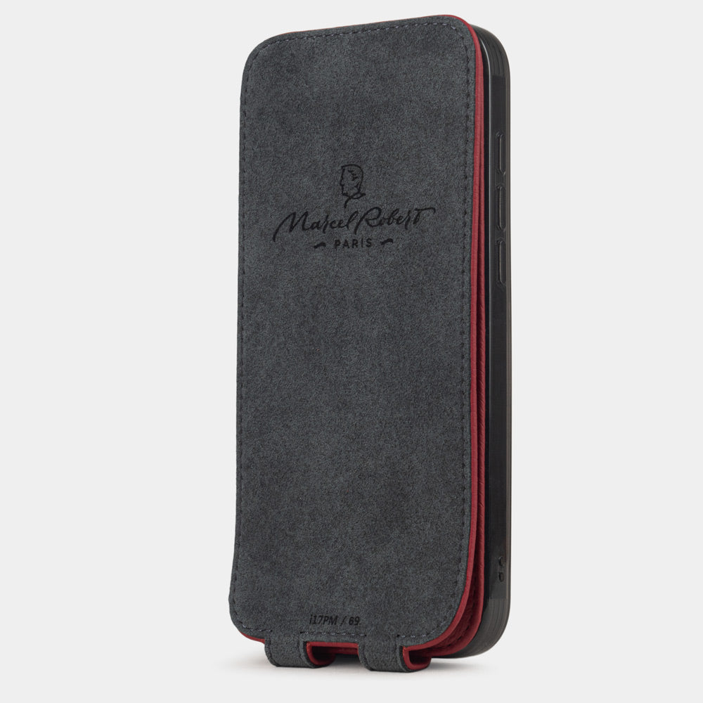 Red Calfskin Case iPhone 17 Air - interior view showing grey Alcantara lining with magnetic closure, designed to clean and protect the screen