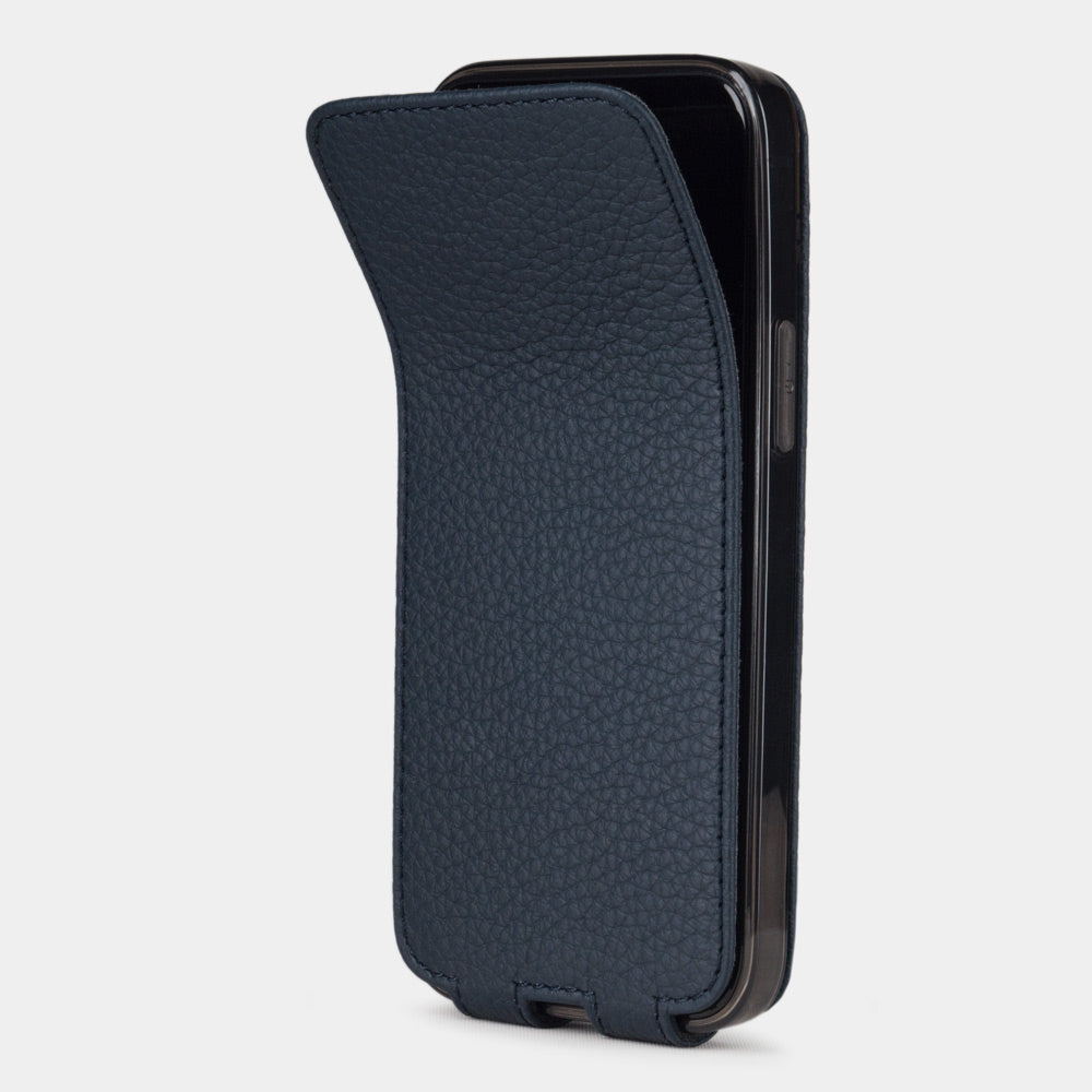 blue leather iPhone 13 pro max flip case shown partially open, slim handcrafted leather cover with magnetic flap