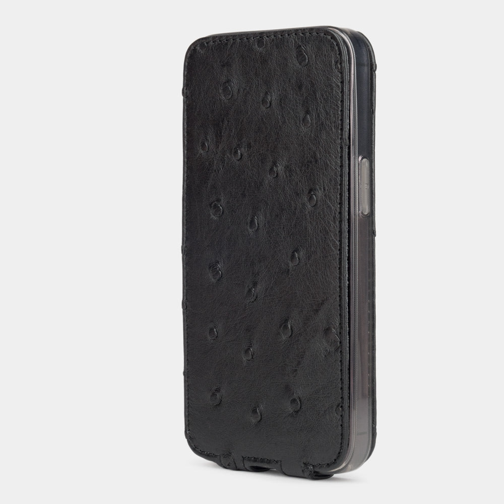 iPhone 13 Pro and Pro Max black ostrich leather case closed view with full screen protection and visible quill grain