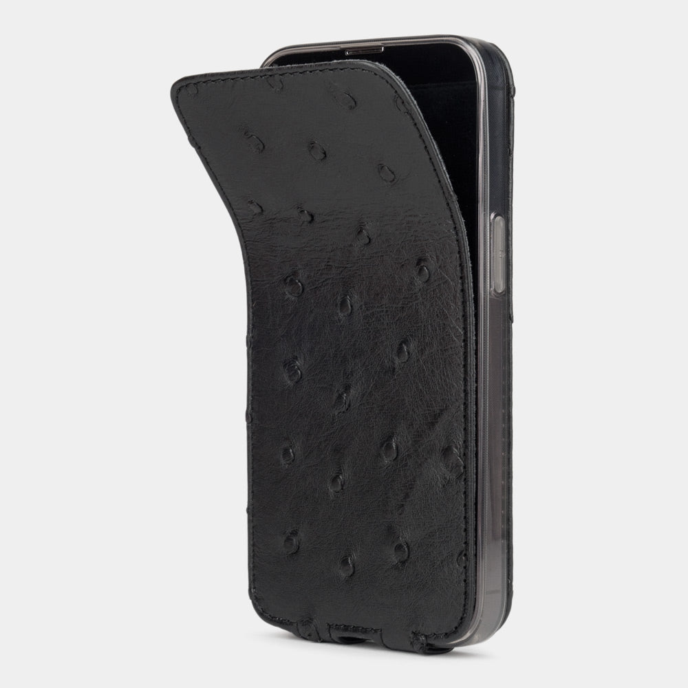 iPhone 13 Pro and Pro Max black ostrich leather case with Marcel Robert's signature soft-fold flexible flap