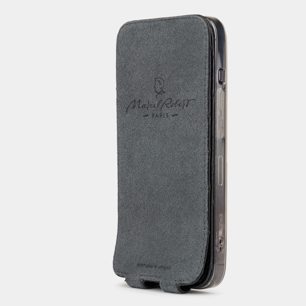 iPhone 13 Pro and Pro Max black ostrich leather case Alcantara-lined magnetic flap that folds back during calls