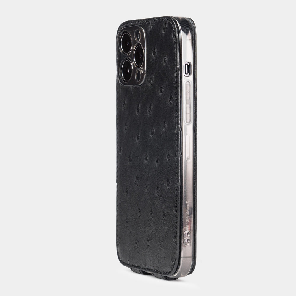 iPhone 13 Pro and Pro Max black ostrich leather case slim back with built-in MagSafe and precise camera cutouts
