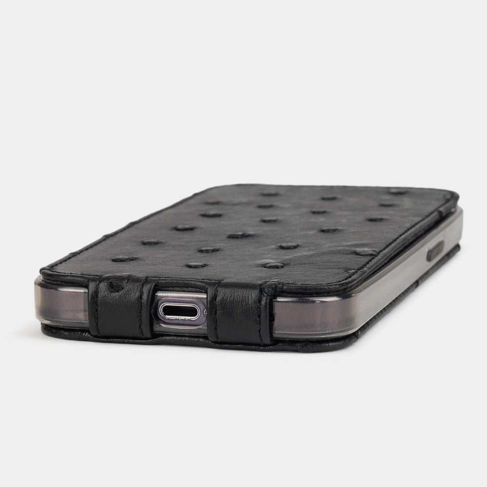 iPhone 13 Pro and Pro Max slim black ostrich leather case with open Lightning port for charging without removing