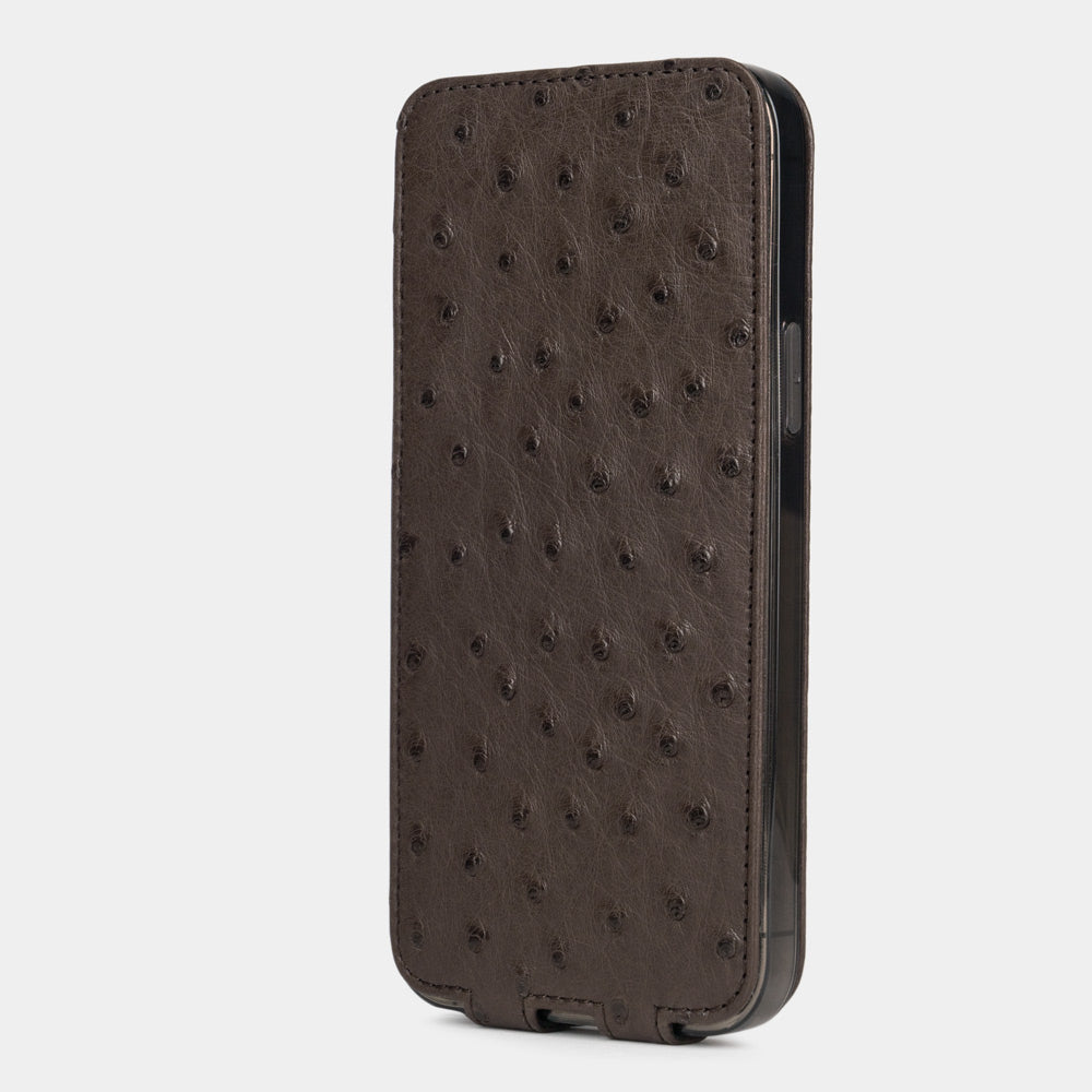 iPhone 13 Pro and Pro Max brown ostrich leather case closed view with full screen protection and visible quill grain