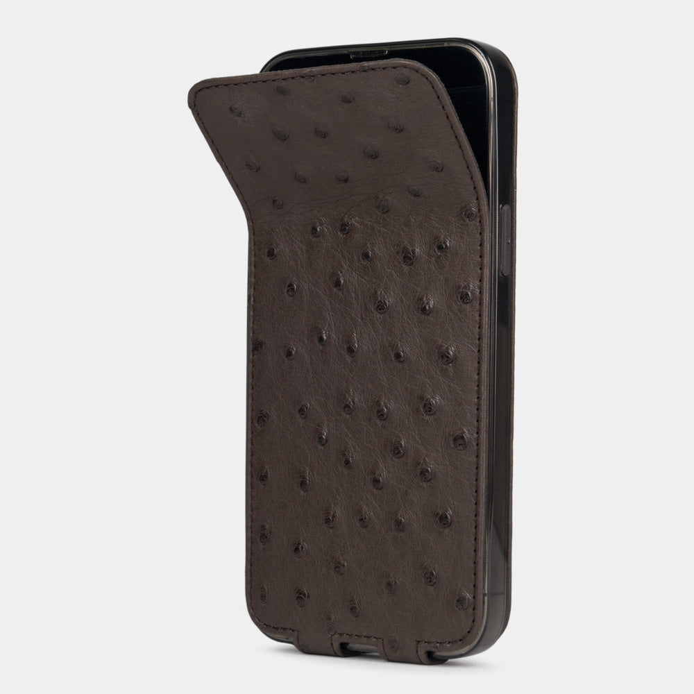iPhone 13 Pro and Pro Max brown ostrich leather case with Marcel Robert's signature soft-fold flexible flap