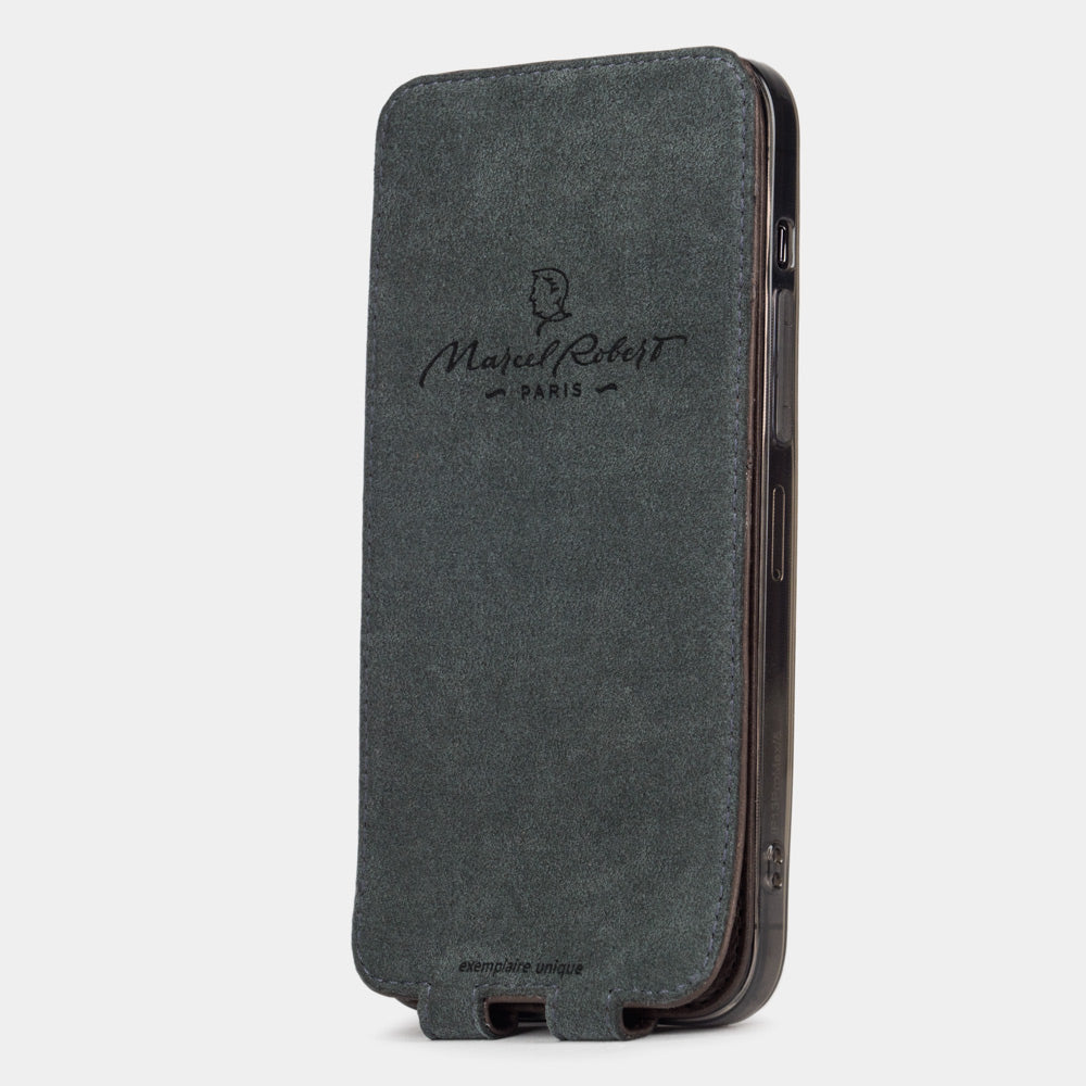 iPhone 13 Pro and Pro Max brown ostrich leather case Alcantara-lined magnetic flap that folds back during calls