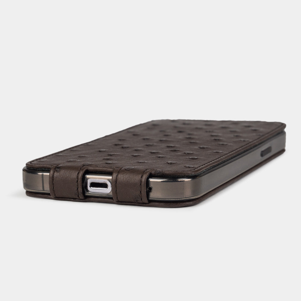 iPhone 13 Pro and Pro Max slim brown ostrich leather case with open Lightning port for charging without removing