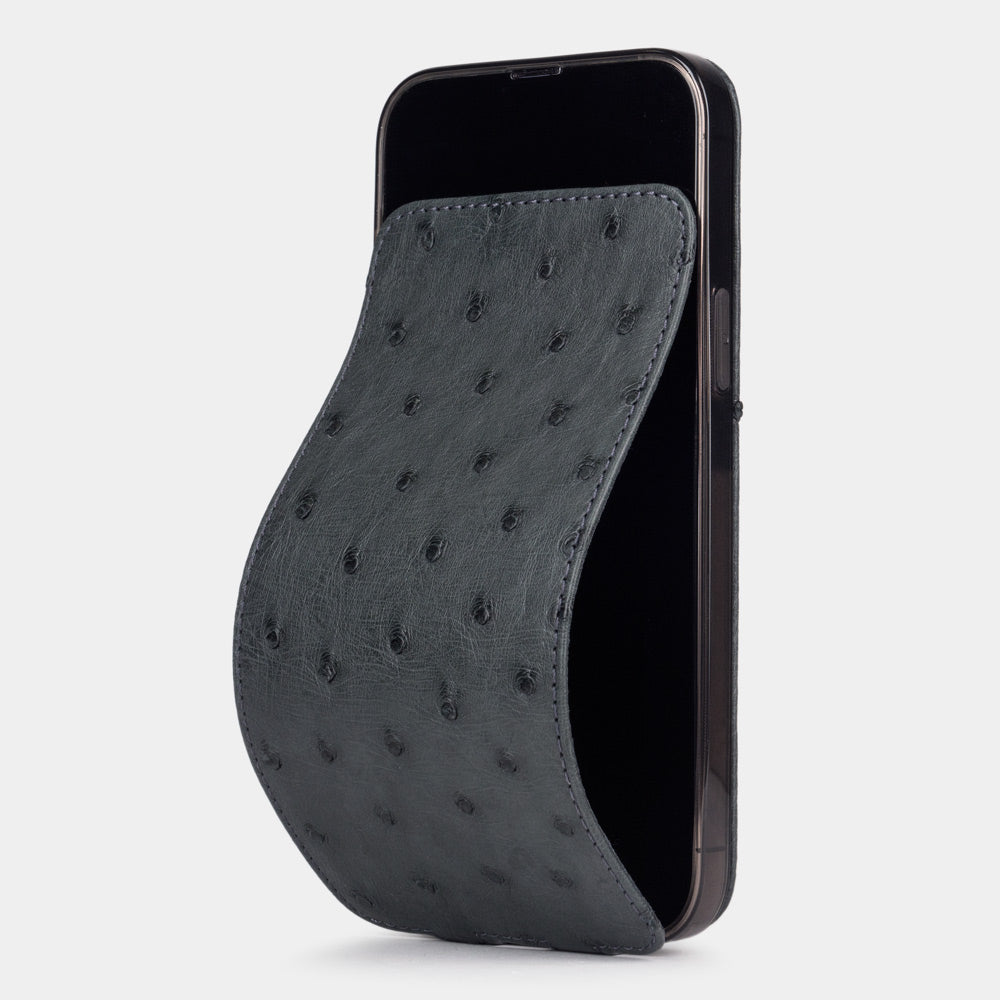iPhone 13 Pro and Pro Max grey ostrich leather case featuring Marcel Robert's exclusive flexible screen-cleaning flap