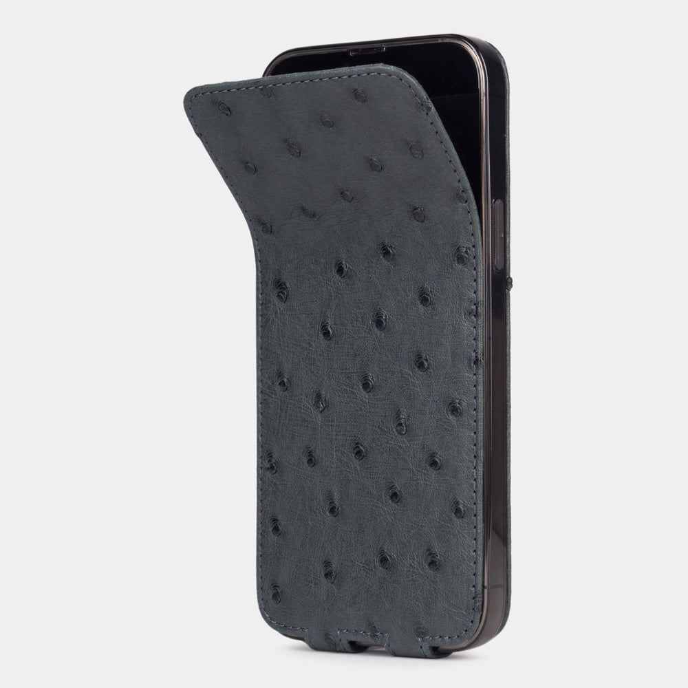 iPhone 13 Pro and Pro Max grey ostrich leather case with Marcel Robert's signature soft-fold flexible flap