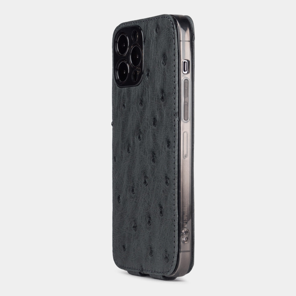 iPhone 13 Pro and Pro Max grey ostrich leather case slim back with built-in MagSafe and precise camera cutouts