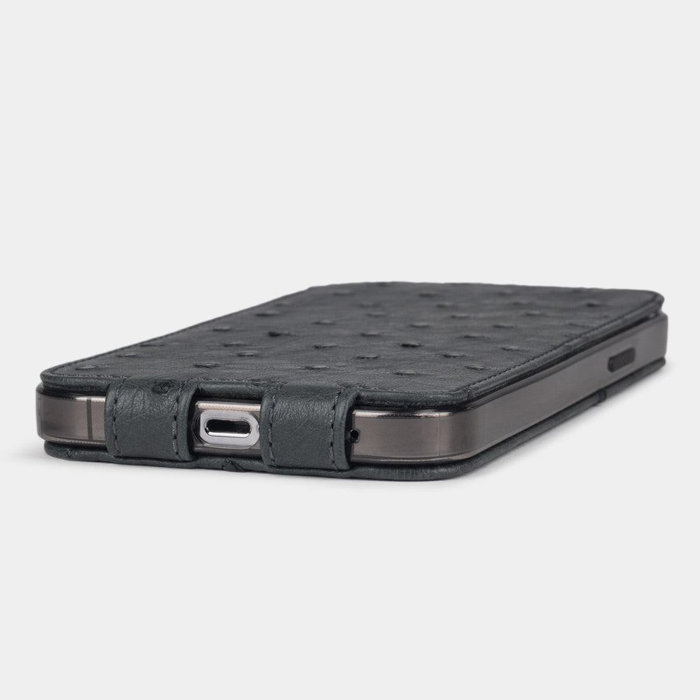 iPhone 13 Pro and Pro Max slim grey ostrich leather case with open Lightning port for charging without removing