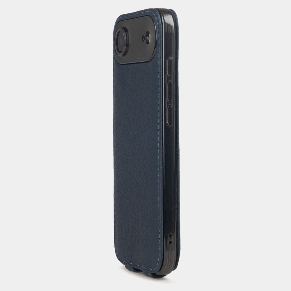 blue leather case iPhone 17 Air - view from camera side and how the lenses are efficiently protected