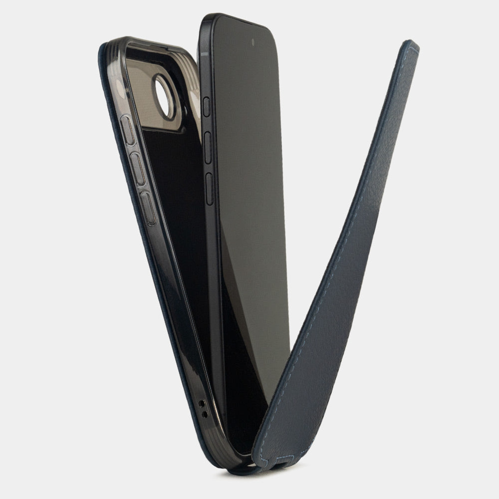blue leather case iPhone 17 air - view how the iphone is inserted into the silicone case and the soft cover