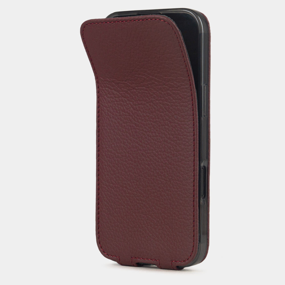 bordeaux premium leather case iPhone 17 Air – flexible front cover with integrated magnets shown folding back to securely close and protect the screen