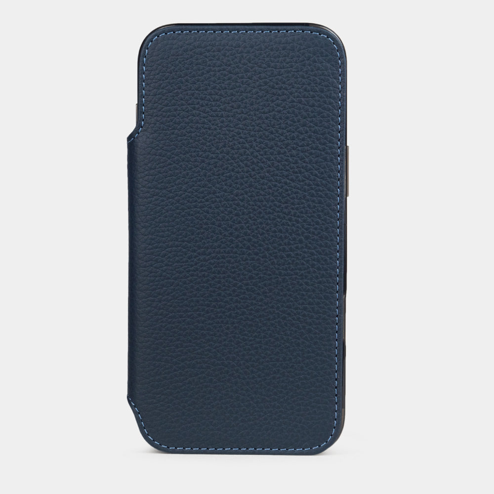 iPhone 17e & 16e calfskin folio wallet case blue – luxury handcrafted iPhone case in genuine leather with magnetic flap in closed position