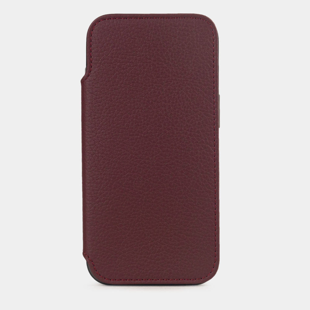 iPhone 17e & 16e calfskin folio wallet case bordeaux – luxury handcrafted iPhone case in genuine leather with magnetic flap in closed position