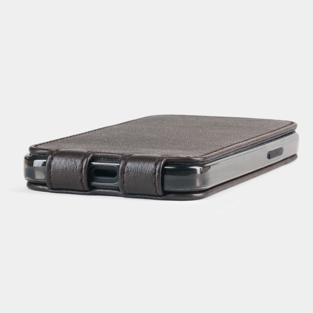 brown leather flip case for iPhone 12 Pro, view of the case laid flat showing its slim profile