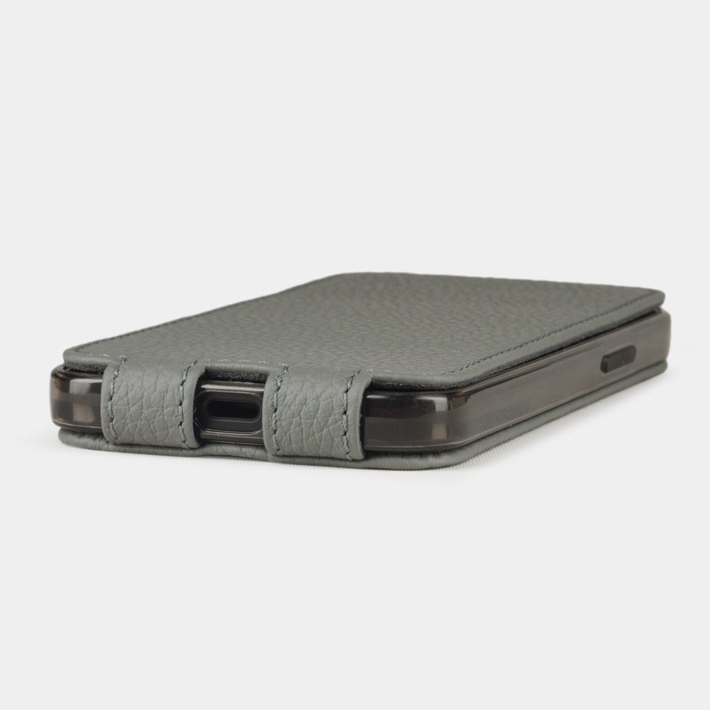 gray leather flip case for iPhone 12 Pro, view of the case laid flat showing its slim profile
