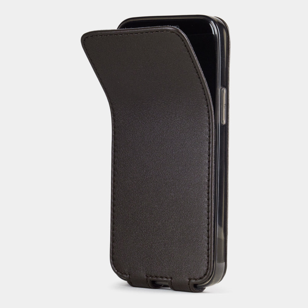 brown leather iPhone 12 mini flip case shown partially open, slim handcrafted leather cover with magnetic flap