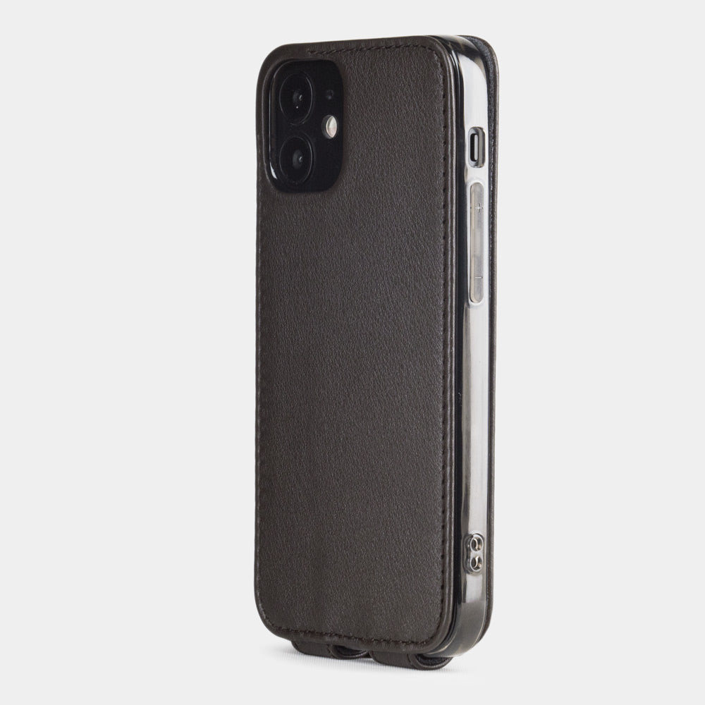 brown leather iPhone 12 mini flip case rear view showing camera cutout