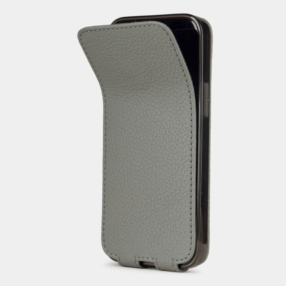 gray leather iPhone 12 mini flip case shown partially open, slim handcrafted leather cover with magnetic flap
