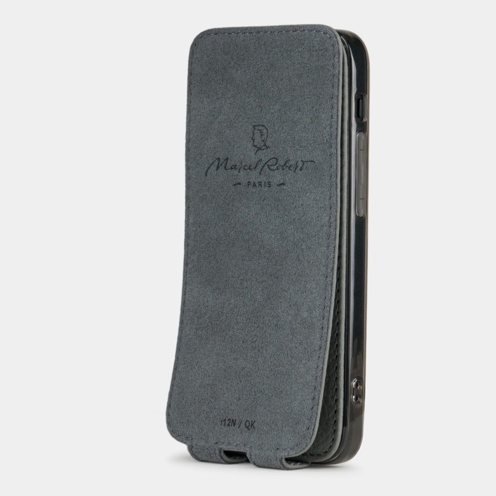 gray leather flip case for iPhone 12 mini, vertical position, cover folded and secured to the back of the iPhone thanks to its integrated magnet system, revealing the grey microfibre lining