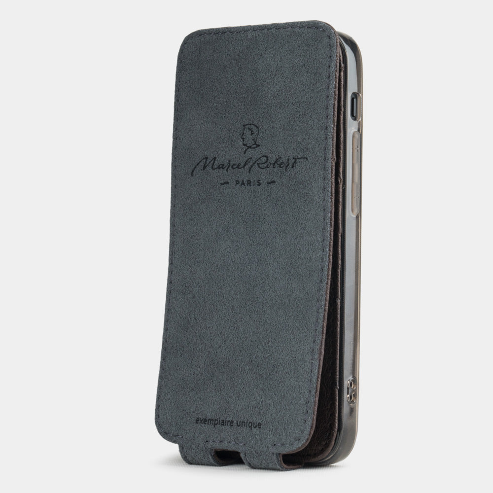 brown ostrich leather flip case for iPhone 12 mini, vertical position, cover folded and secured to the back of the iPhone thanks to its integrated magnet system, revealing the grey microfibre lining